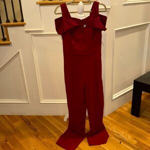 Red pants suit with cold shoulder sleeves